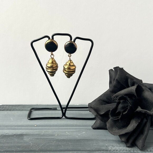 Brass + Black Dangly Earrings - Picture 3 of 8
